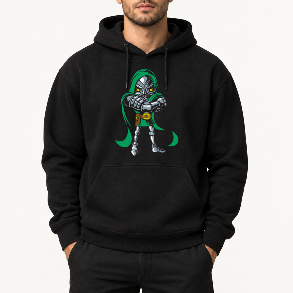 Felpa con cappuccio nera con stampa DTF Doom Chibi