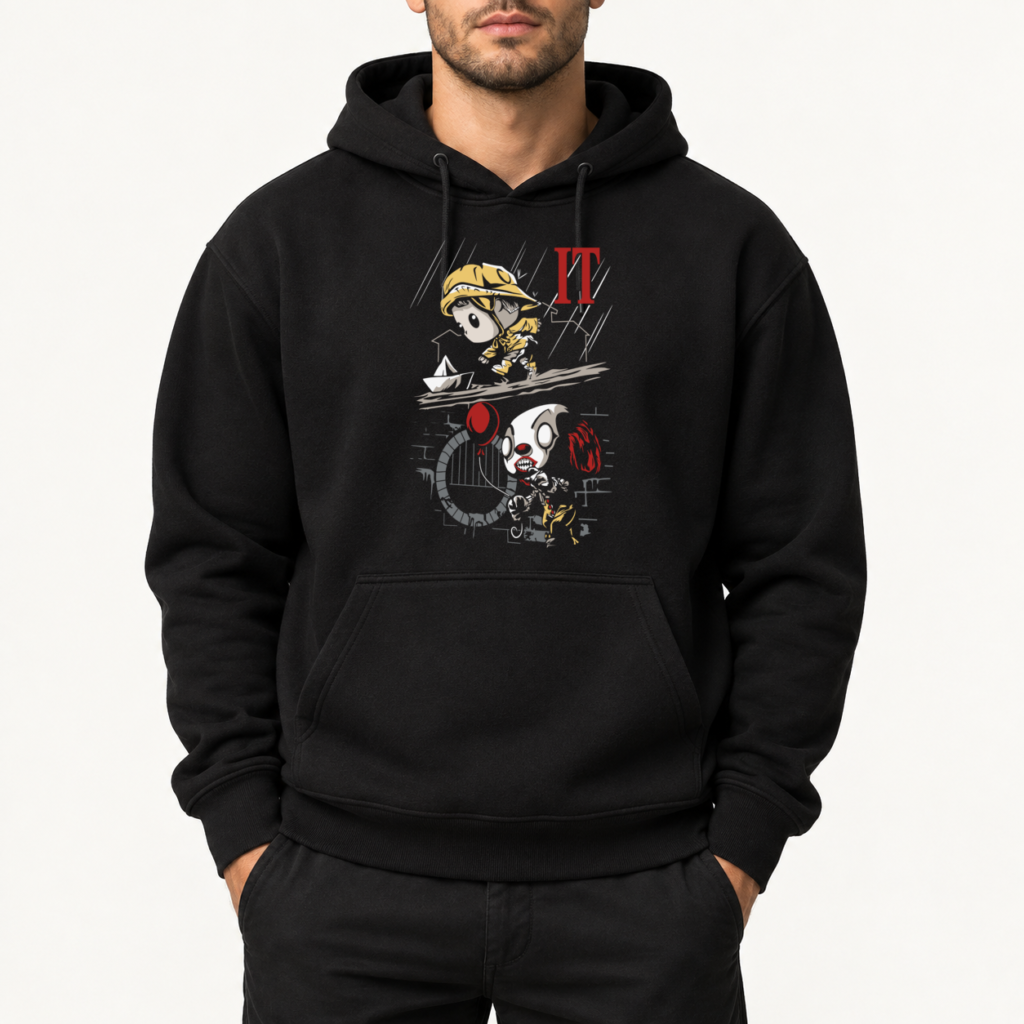 Felpa con cappuccio nera con stampa DTF IT Chibi