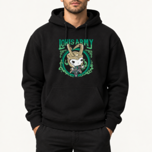 Felpa con cappuccio nera con stampa DTF Loki's Army
