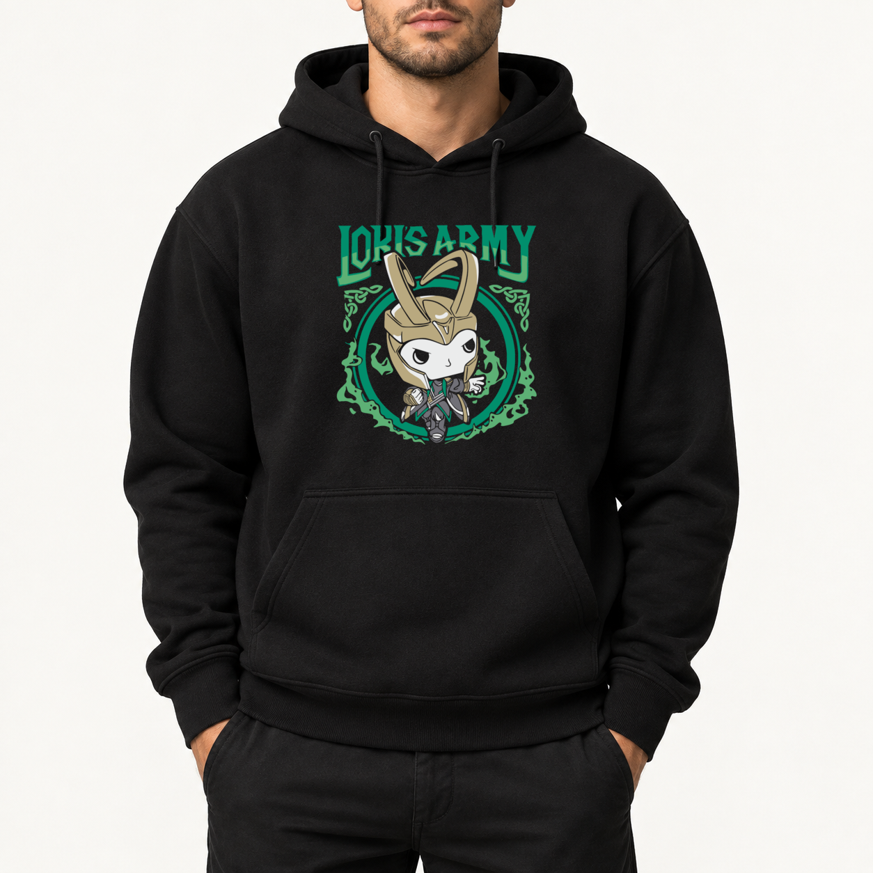 Felpa con cappuccio nera con stampa DTF Loki's Army
